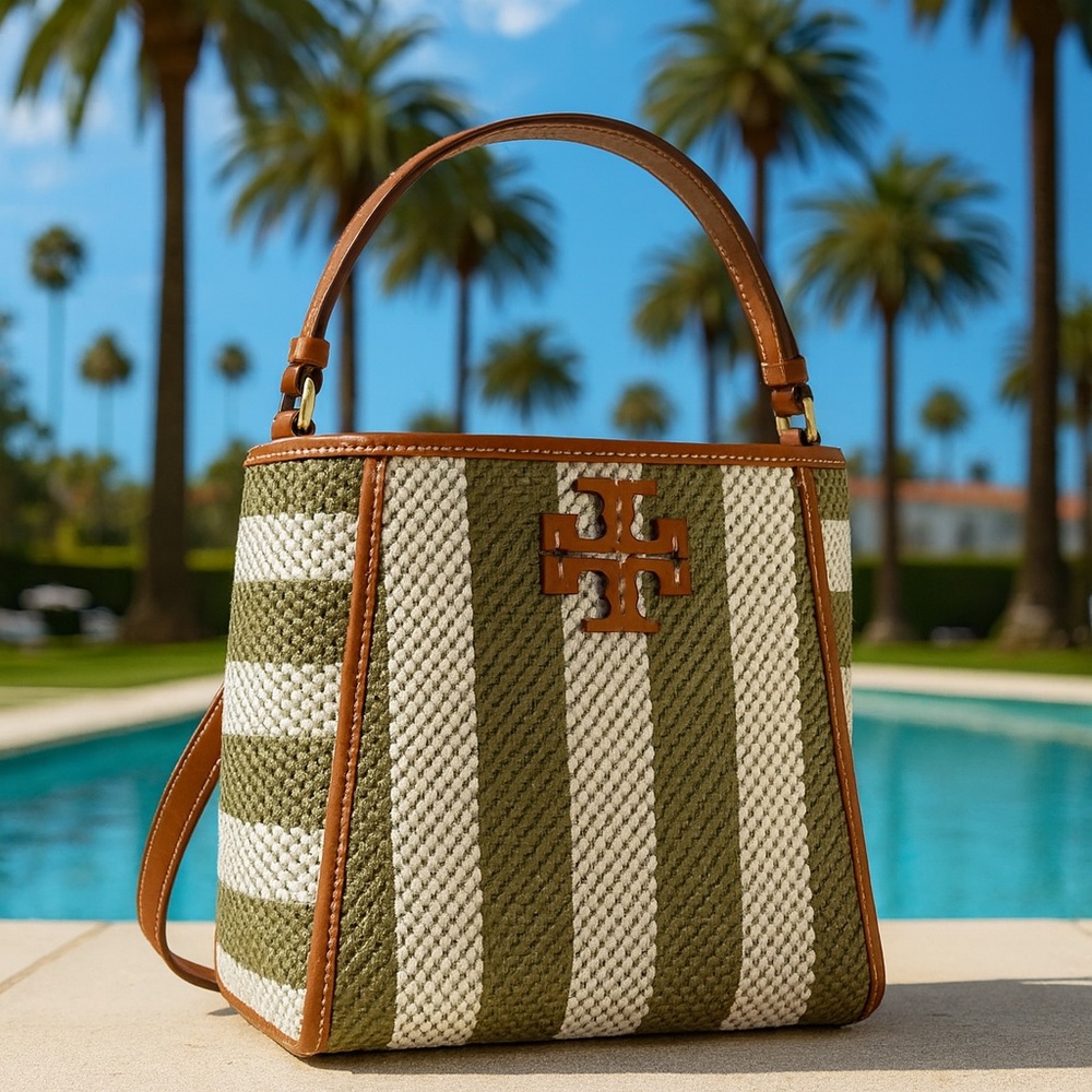 NEW Tory Burch McGraw Stripe Small Bucket Tote/Shoulder Bag/Crossbody Bag AUTH